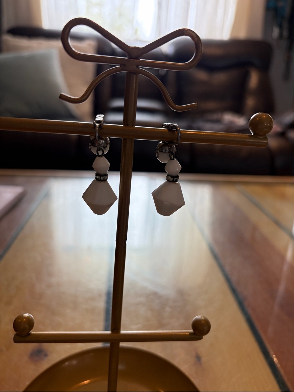 Estate White Faceted Drop Earrings with Silver Accents-vintage